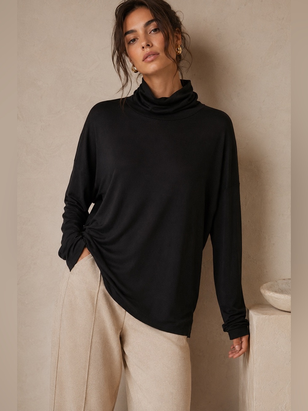 WinterSilks 100% Silk Black Turtleneck Tunic Top XXL Quiet Luxury